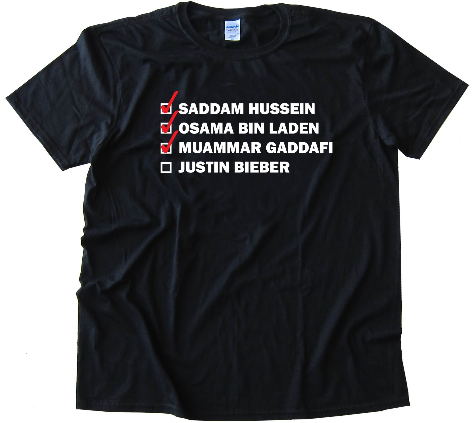 Hitlist Saddam Hussein Osama Bin Laden Muammar Gaddafi Justin Bieber Tee Shirt