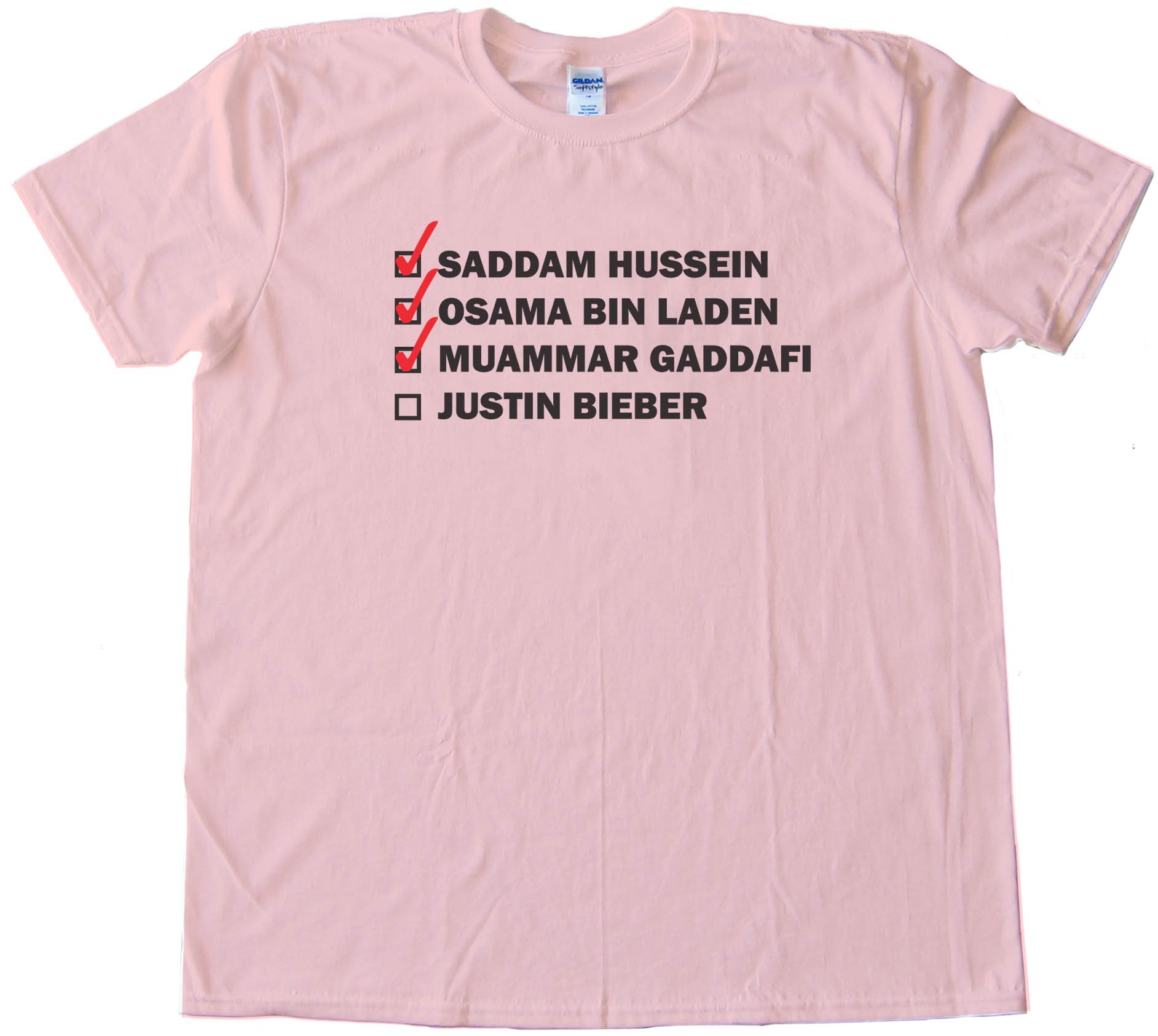 Hitlist Saddam Hussein Osama Bin Laden Muammar Gaddafi Justin Bieber Tee Shirt